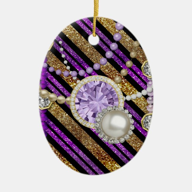 Faux Glitter & Jewels Purple & Gold Tones Ceramic Tree Decoration (Front)