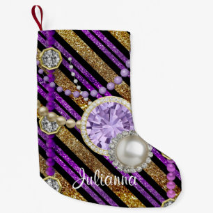 Faux Glitter & Jewels Purple & Gold Tones Custom Small Christmas Stocking