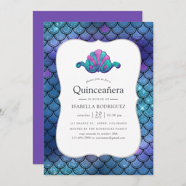 Faux Glitter Mermaid Scale Pattern Quinceanera Invitation (Front/Back)
