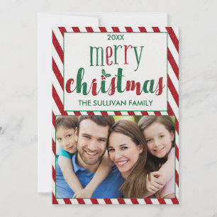 Faux Glitter Merry Christmas Photo Card w/ Stripes