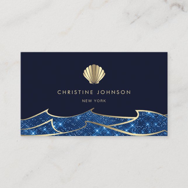 faux glitter ocean waves golden seashell business card (Front)