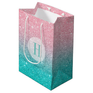 Faux Glitter Ombre Turquoise & Pink Medium Gift Bag