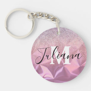 Faux Glitter Pink Brushed Metal Monogrammed Key Ring