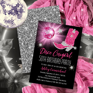 Faux Glitter Pink Disco Cowgirl 50 Birthday Party Invitation