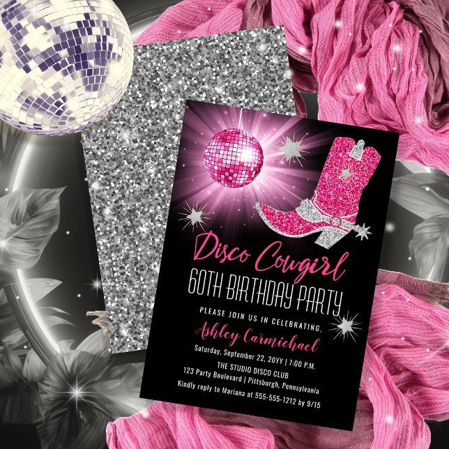 Faux Glitter Pink Disco Cowgirl 60 Birthday Party Invitation (Disco Cowgirl 60th Birthday Party Invitations -- Print and/or Download)