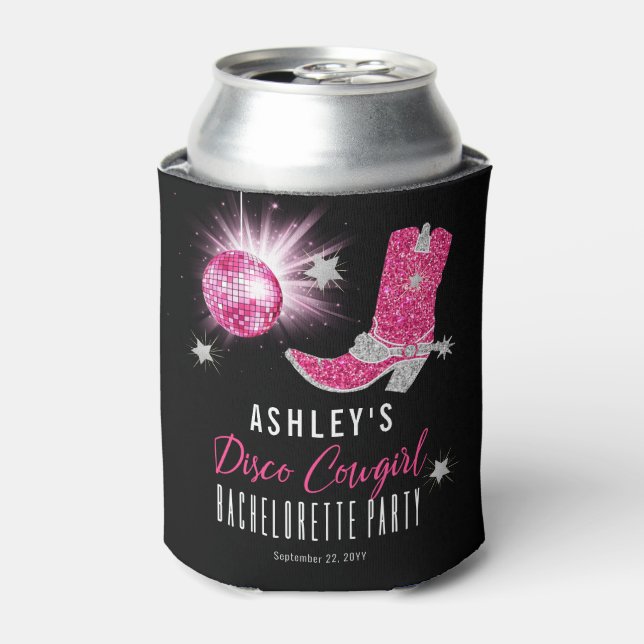 Faux Glitter Pink Disco Cowgirl Bachelorette Party Can Cooler (Can Front)