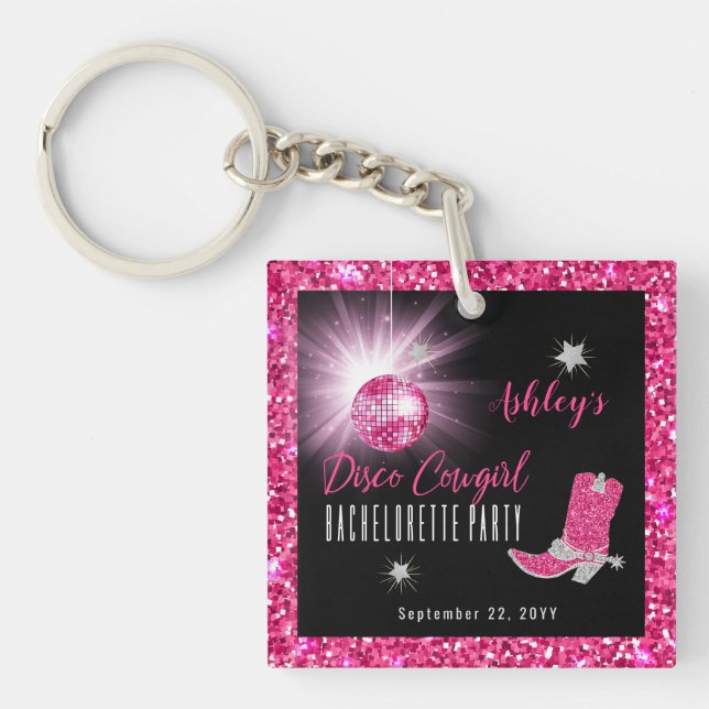 Faux Glitter Pink Disco Cowgirl Bachelorette Party Key Ring (Front)