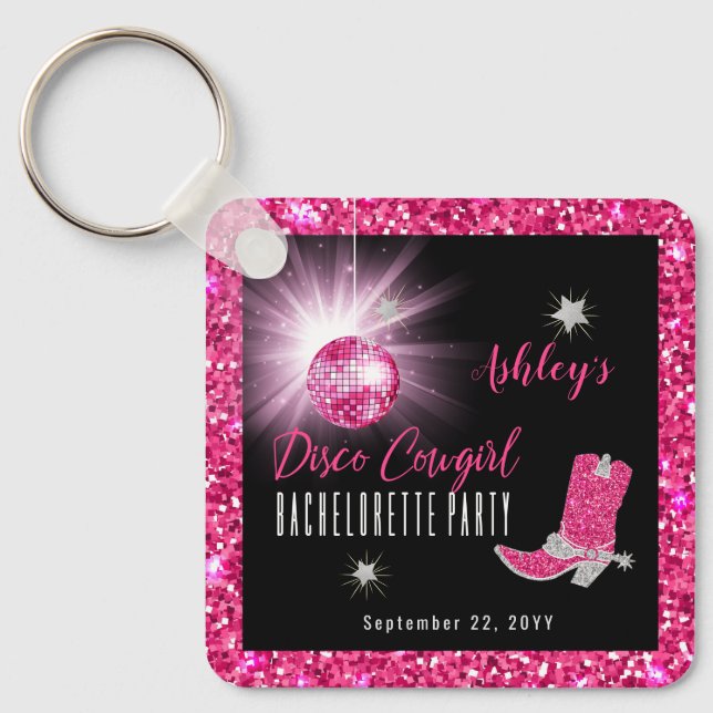 Faux Glitter Pink Disco Cowgirl Bachelorette Party Key Ring (Front)