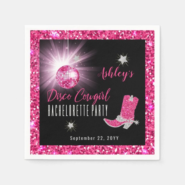 Faux Glitter Pink Disco Cowgirl Bachelorette Party Napkin (Front)
