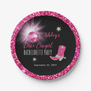Faux Glitter Pink Disco Cowgirl Bachelorette Party Paper Plate