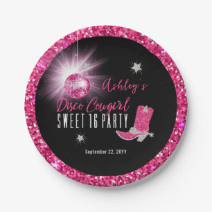Faux Glitter Pink Disco Cowgirl Sweet 16 Party Paper Plate