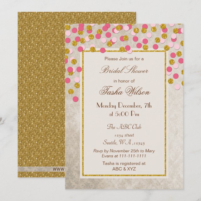 FAUX Glitter Pink Gold confetti Bridal Shower Invitation (Front/Back)