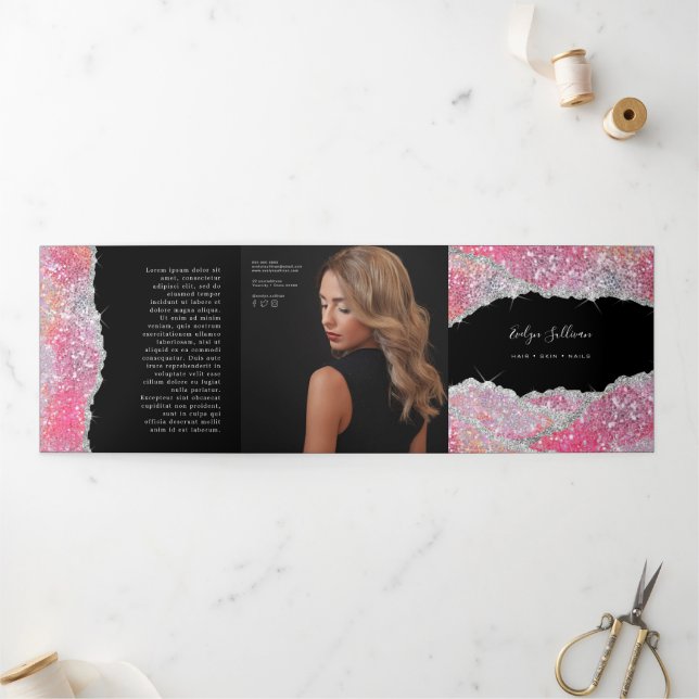 Faux glitter pink sequin trifold brochure (Outside)