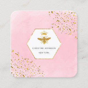 •faux glitter queen bee logo on pink watercolor square business card