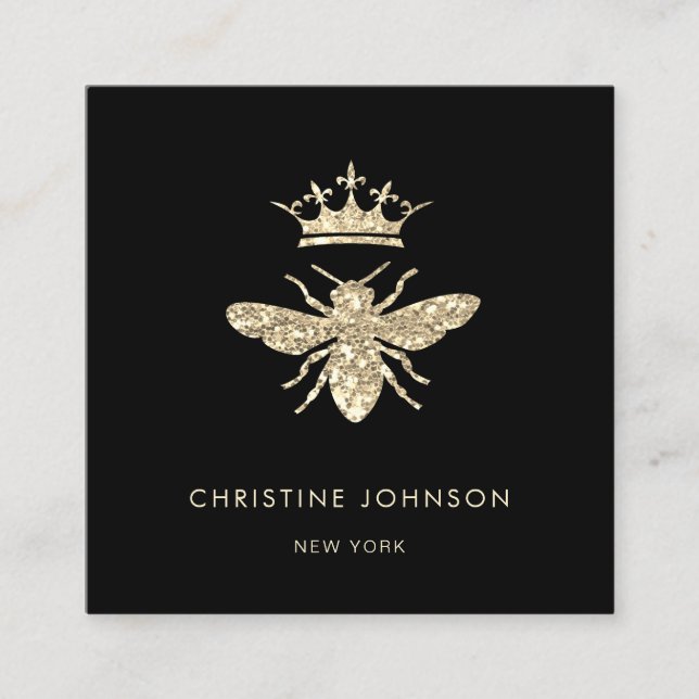 faux glitter queen bee logo square business card (Front)