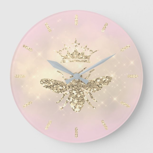 faux glitter queen bee on pink large clock (Front)