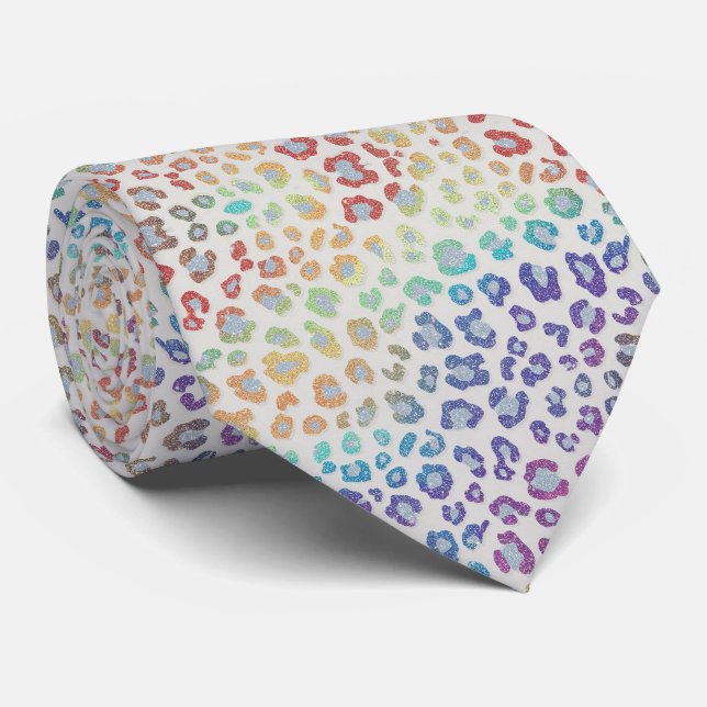 Faux Glitter Rainbow Leopard Print Neck Tie (Rolled)