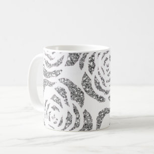 Faux Glitter Silver Grey Roses White Coffee Mug