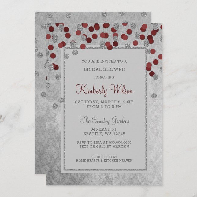 FAUX Glitter Silver Red confetti Bridal Shower Invitation (Front/Back)