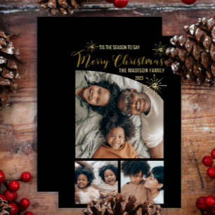 Faux Glitter Tapered Top 3 Photo Merry Christmas   Foil Holiday Card