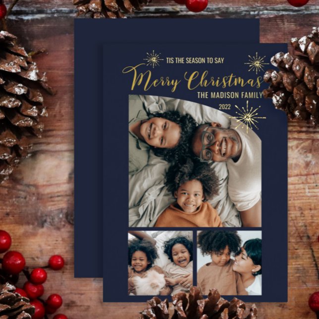 Faux Glitter Tapered Top 3 Photo Merry Christmas   Foil Holiday Card (Creator Uploaded)