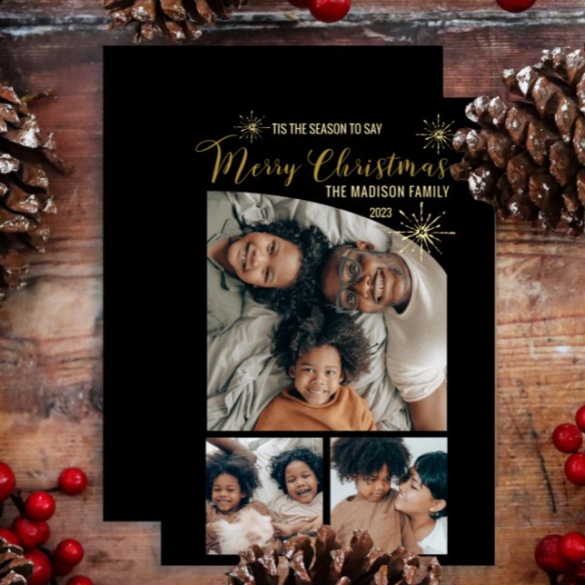 Faux Glitter Tapered Top 3 Photo Merry Christmas   Foil Holiday Card (Say "Merry Christmas" in unique, elegant style with 3-photo gold foil cards.  Top tapered photo!)