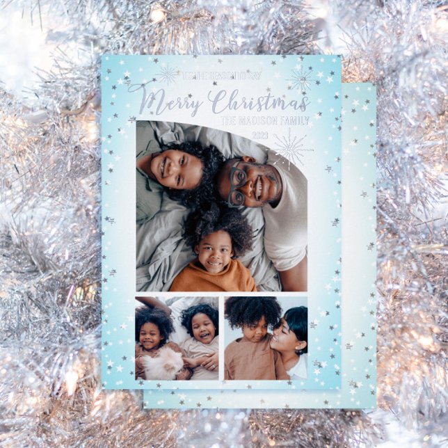 Faux Glitter Tapered Top 3 Photo Merry Christmas   Foil Holiday Card (Here's wishing your family a "Merry Christmas" with this silver foil, tapered-top 3-photo design.)