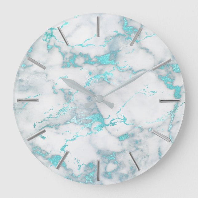 faux glitter teal marble large clock (Front)