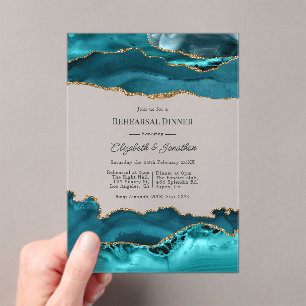 Faux Glitter Turquoise Gold Agate Rehearsal Dinner Acrylic Invitations