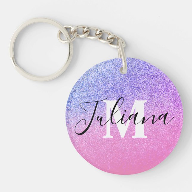 Faux Glitter Two Tone Pink Bold Monogrammed  Key Ring (Front)