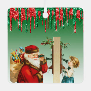 Faux Glitter Vintage Santa and Girl on Telephone Metal Tree Decoration