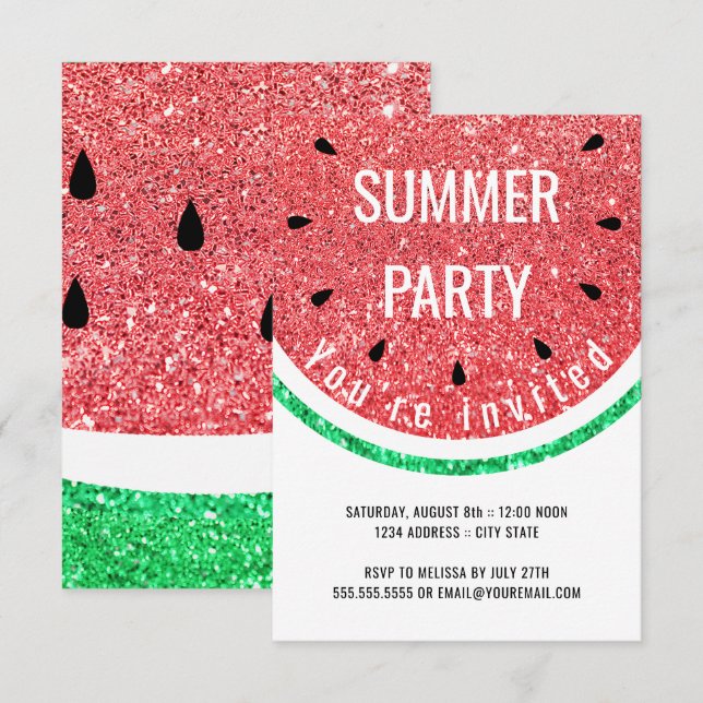 faux glitter watermelon summer party invitation (Front/Back)