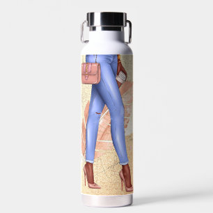 Faux Glitter Woman Heels Pink  Gold  Water Bottle