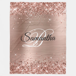 Faux Glittery Rose Gold Foil Fancy Monogram Fleece Blanket