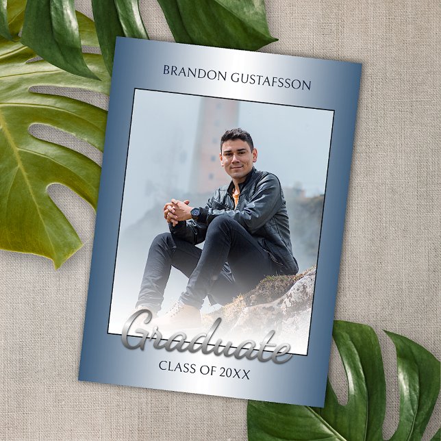 Faux Glossy Blue Silver Grey Graduation Announcement (Creator Uploaded)