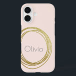 Faux Gold Abstract Circle Design with Name iPhone 16 Case<br><div class="desc">An abstract scribble circle design in faux gold on a light blush pink background personalised with your name in grey modern lettering.</div>
