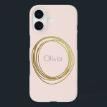 Faux Gold Abstract Circle Design with Name iPhone 16 Case<br><div class="desc">An abstract scribble circle design in faux gold on a light blush pink background personalised with your name in grey modern lettering. Just click customise to change the background colour. Contact me with any questions or requests.</div>