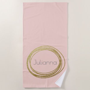 Faux Gold Abstract Circle Design with Name Pink Beach Towel