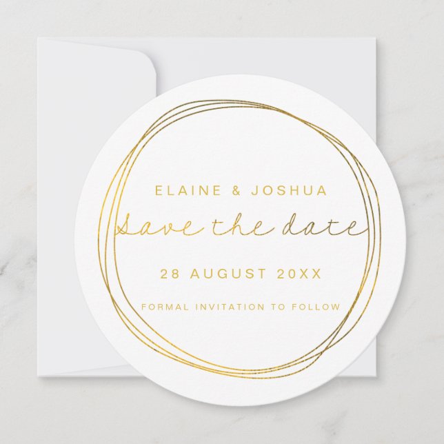 Faux Gold Abstract Scribble Circle White & Gold Save The Date (Front)