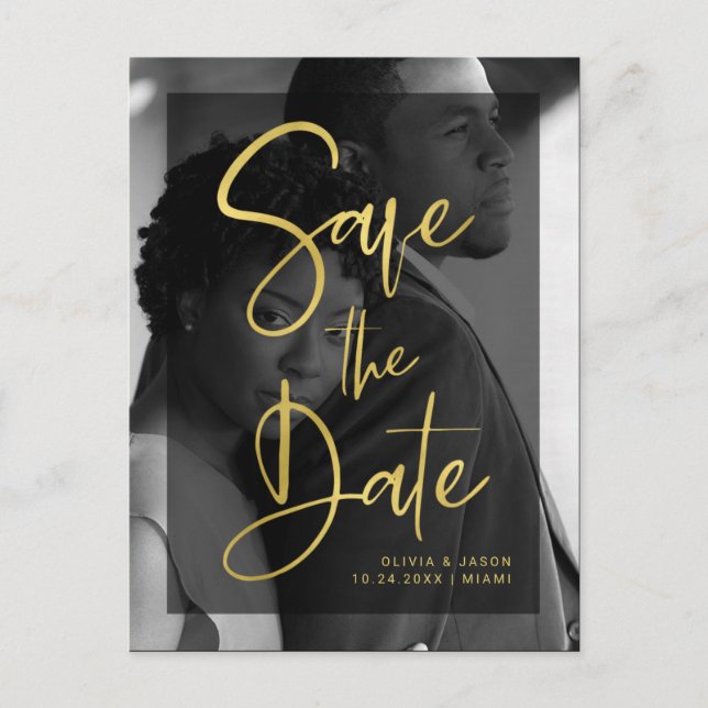 Faux Gold and Black Overlay | Photo Save the Date Announcement Postcard (Front)