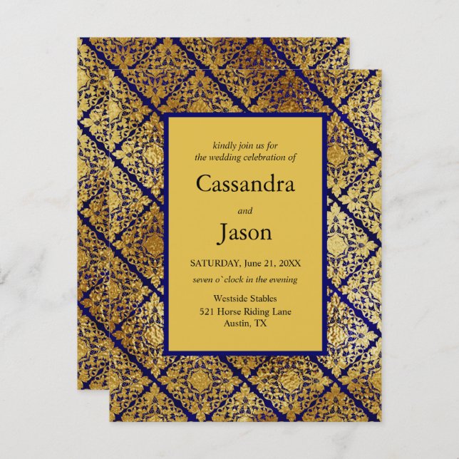 Faux Gold and Blue Wedding Invitation (Front/Back)
