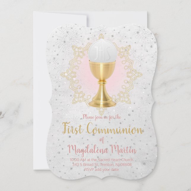 faux gold and faux glitter first communion girl invitation (Front)