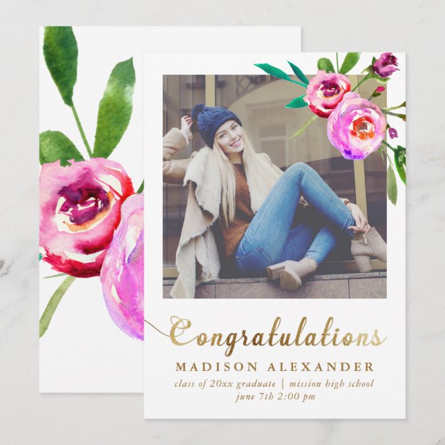 Faux Gold and Floral Graduation Announcement Photo (Front/Back)