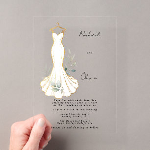 Faux Gold and Greenery Wedding Dress Acrylic Invitations