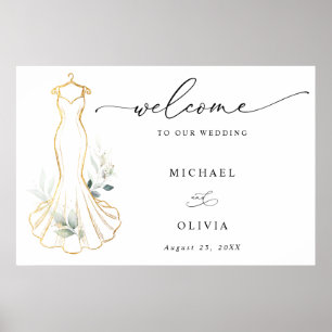 Faux Gold and Greenery Wedding Dress Welcome Poster