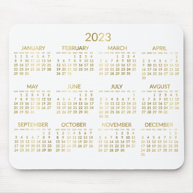 Faux Gold And White Yearly Calendar 2023 Mouse Pad (Front)