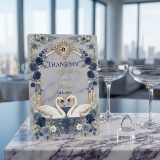 Faux Gold Arch Navy Blue Swan Marble Effect Thank You Card