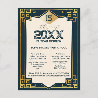 Faux Gold Art Deco 15 Year High School Reunion Postcard