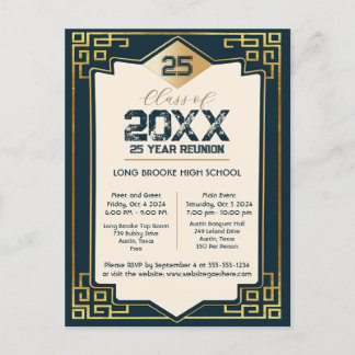 Faux Gold Art Deco 25 Year High School Reunion Postcard