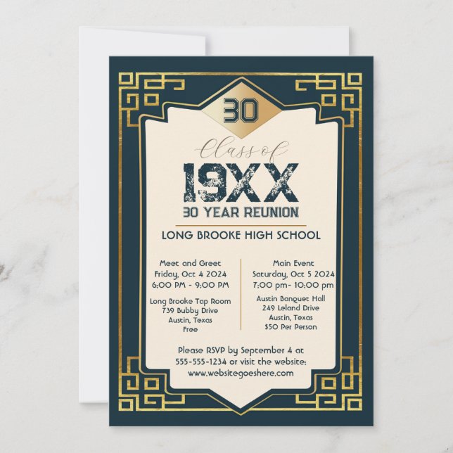  Faux Gold Art Deco 30 Year High School Reunion Invitation (Front)
